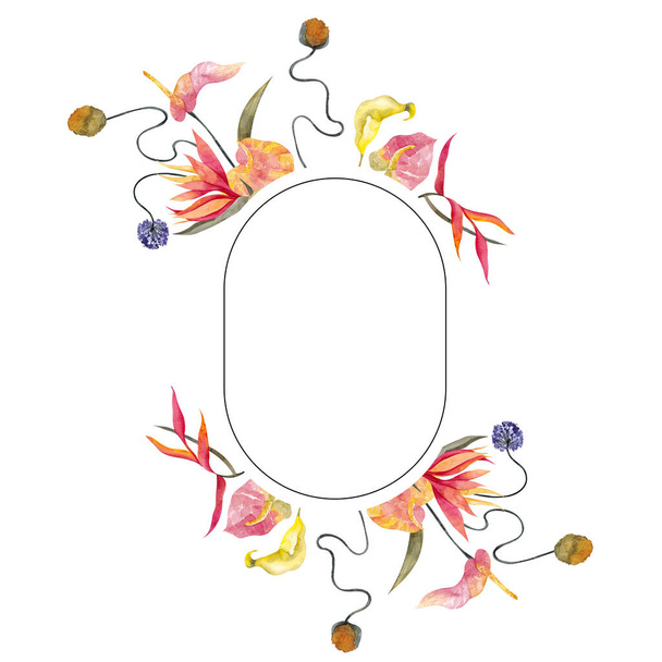 Minimalistic frame with watercolor hand draw tropical flowers and leaves, isolated on white background - Zdjęcie, obraz