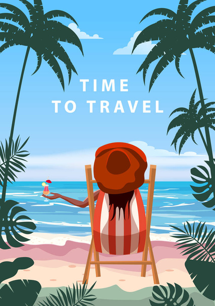 Aika matkustaa nainen makaa kansituolilla cocktail kädessä, keinona trooppinen rannikko. Eksoottinen meri auringonlasku rantahiekkaa, palmuja. Vektori kuvitus retro vintage juliste - Vektori, kuva