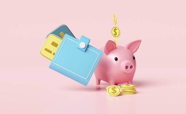 кошелек и копилка с кредитной картой, монеты изолированы на розовый фон. Экономия денег концепции, 3D иллюстрации или 3D рендеринга - Фото, изображение