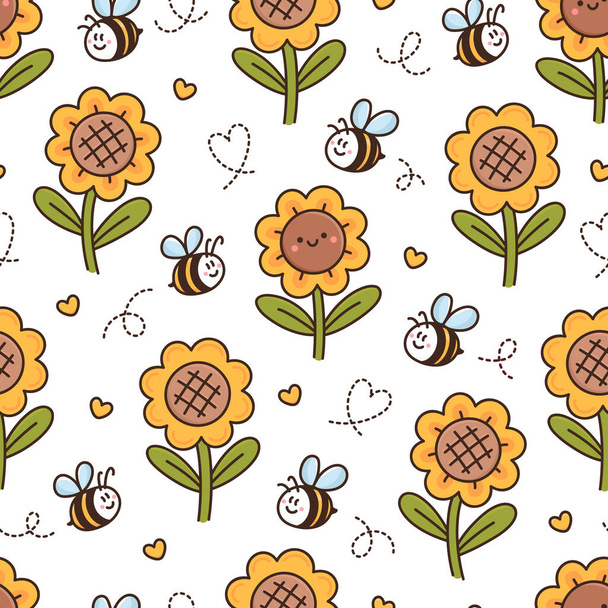 Surface pattern design with cute kawaii sunflowers, bees, hearts. Beautiful background in cartoon style. Print for stationery supplies, decor, textile, packaging, wrapping paper etc. - Vector, afbeelding