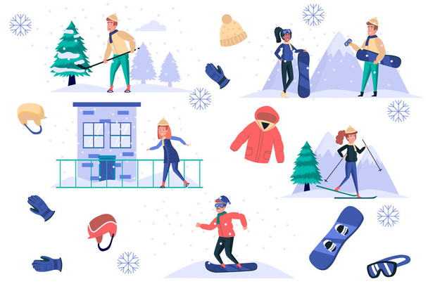 Kış sporları izole elementler. Kayak, kayak, snowboard, hokey, giysi ve ekipman yapan bir sürü erkek ve kadın. Düz çizgi film tasarımında vektör illüstrasyonu için oluşturucu kiti - Vektör, Görsel