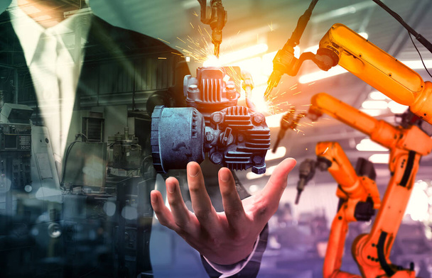 Indústria mecanizada braço robô e fábrica trabalhador dupla exposição - Foto, Imagem