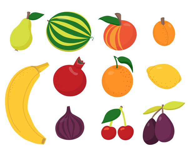 Un conjunto de frutas y bayas diferentes. Comida vegana saludable. Cosecha del huerto. Elementos planos vectoriales para diseño - Vector, imagen