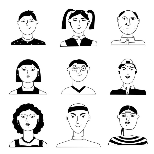 Vector set of portraits of people. Cartoon funny minimalistic female and male characters. Drawings of people's faces with different emotions and moods. Avatar for social networks. - Vector, Image