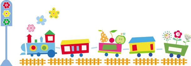 Vector illustration of cute train with flowers and fruits - Vector, Image