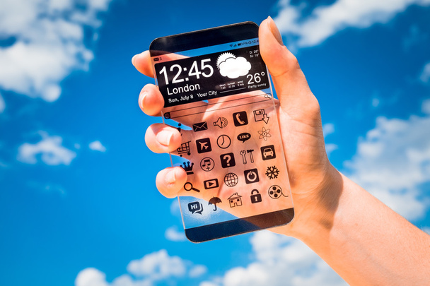 Smartphone com tela transparente em mãos humanas
. - Foto, Imagem