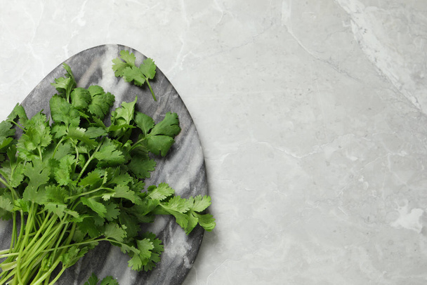 Bunch of fresh aromatic cilantro on light marble table, top view. Space for text - Zdjęcie, obraz