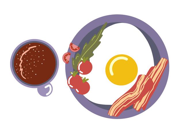 Delicious breakfast scrambled eggs with bacon and cherry tomatoes, arugula salad, hot drink, plate with breakfast food, cup of coffee, hand-drawn, flat style, isolated background, vector illustration - Vector, Image