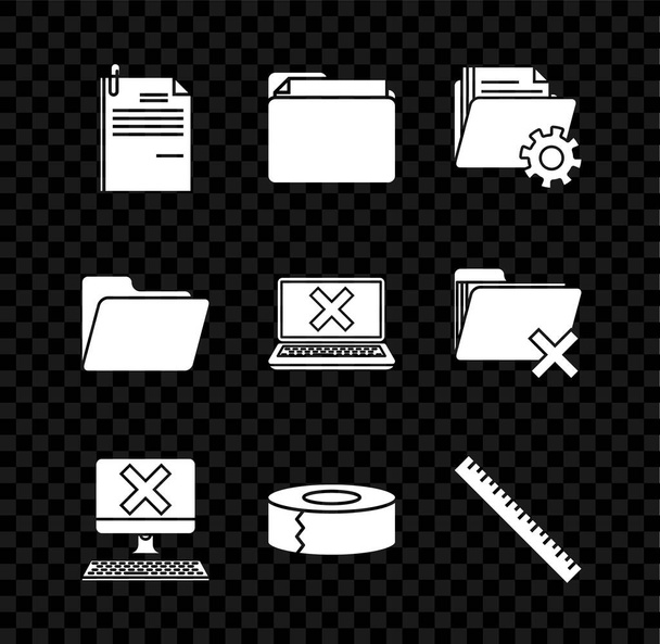 Set File document and paper clip, Document folder, Folder settings with gears, Computer keyboard x mark, Scotch, Ruler, and Laptop cross on screen icon. Vector - Vector, Image