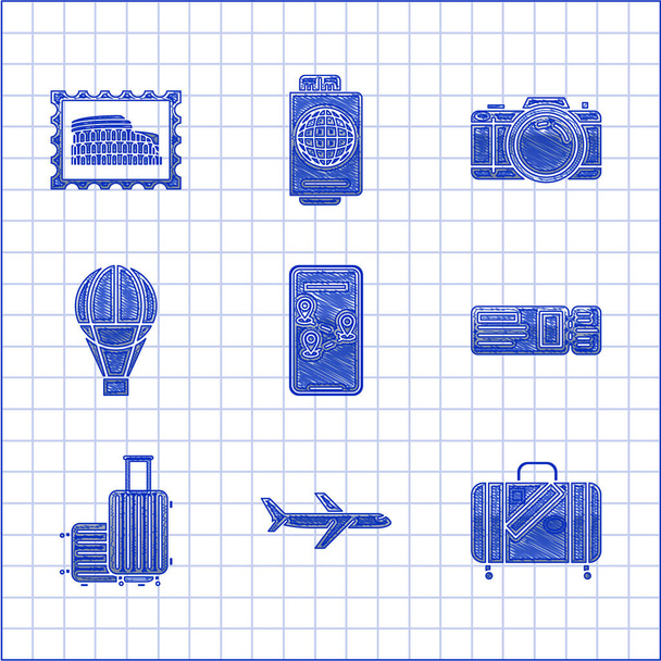 Встановіть інфографіку навігації на мапі міста, літак, валіза для подорожей і наклейок, квиток на подорожі, повітряна куля, фотоапарат і поштова марка Колізей. Векторні
 - Вектор, зображення