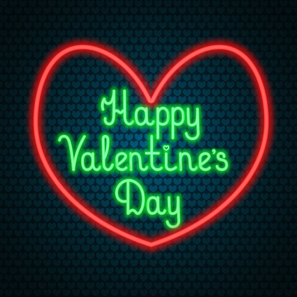 Happy Valentines Day. Inscription in the heart. Neon glow. Colored vector illustration. Isolated background of green hearts. The symbol of lovers from a luminous tube. Burning sign. Illuminated advertising in retro style. Idea for web design, banner - Vektor, obrázek