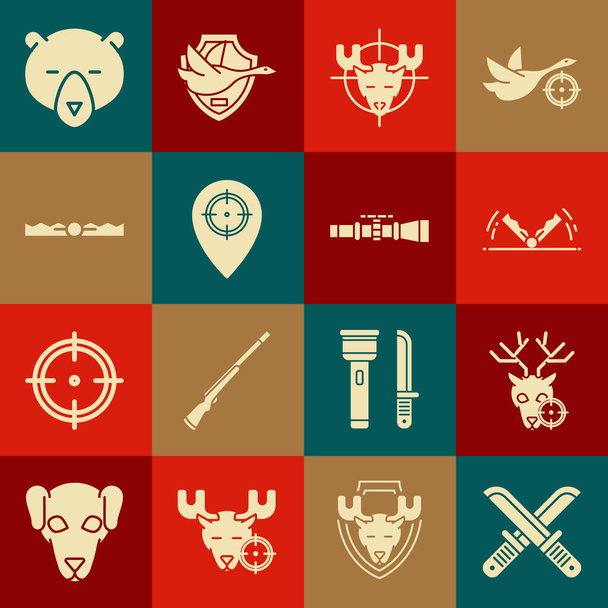 Set Crossed lovecký nůž, Lov na jelena s křížem, Lov pastí, los, místo, Medvědí hlava a Sniper optický zrak ikonu. Vektor - Vektor, obrázek