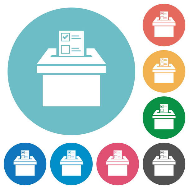 Äänestyspaperi ja vaaliuurnilla kiinteä tasainen valkoinen kuvakkeet pyöreä väri taustat - Vektori, kuva