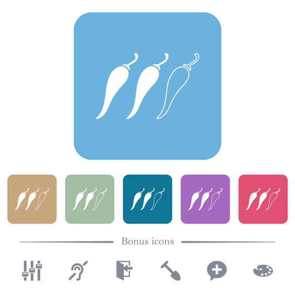 Pimienta picante nivel de iconos blancos planos sobre fondos cuadrados redondeados de color. 6 iconos de bonificación incluidos - Vector, Imagen