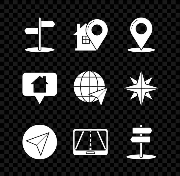 Verkeersbord instellen, Kaartaanwijzer met huis, pin, Papier vliegtuig, Infographic van de stadsplattegrond navigatie, en Locatie van de wereldbol pictogram. Vector - Vector, afbeelding