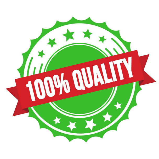 100% QUALITY text on red green ribbon badge stamp. - Photo, Image
