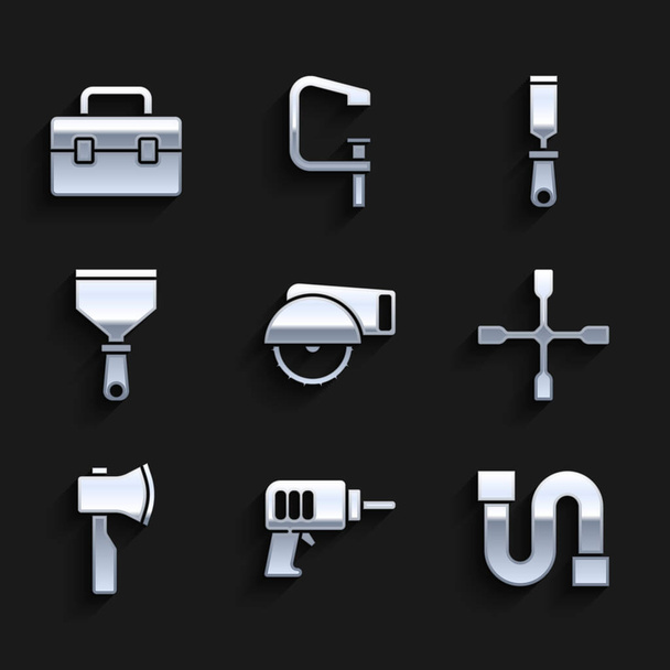 Set Electric circular saw, drill machine, Industry pipe, Wheel wrench, Wooden axe, Putty knife, Rasp metal file and Toolbox icon. Vector - Vektör, Görsel