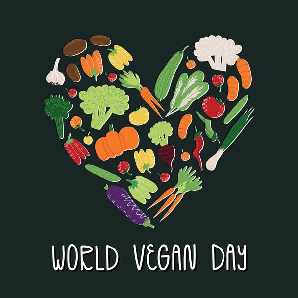 Světová veganská pohlednice, banner design s ručním písmem. Různá zelenina a zelenina ve tvaru srdce. - Vektor, obrázek