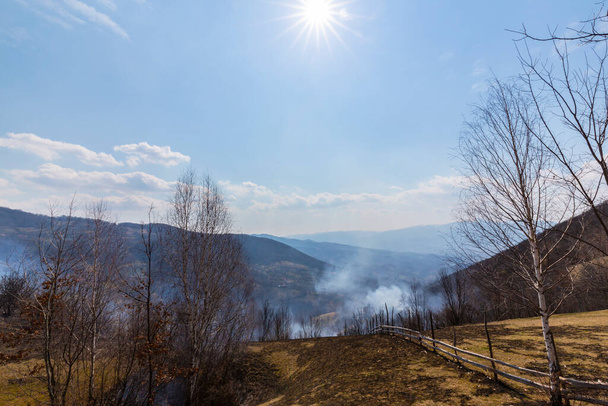 Wild fires, smoke and forest burning in a rural area in Europe - Foto, immagini