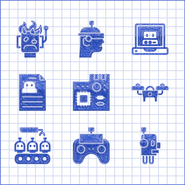 Set alaplap digitális chip, Távirányító, Robot, Drone, Ipari termelés robotok, Műszaki leírás, Létrehozása és kiégett ikon. Vektor - Vektor, kép