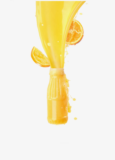 Explosion of Orange juice with Orange fruit isolated on white background. Mockup. Space for text - Φωτογραφία, εικόνα