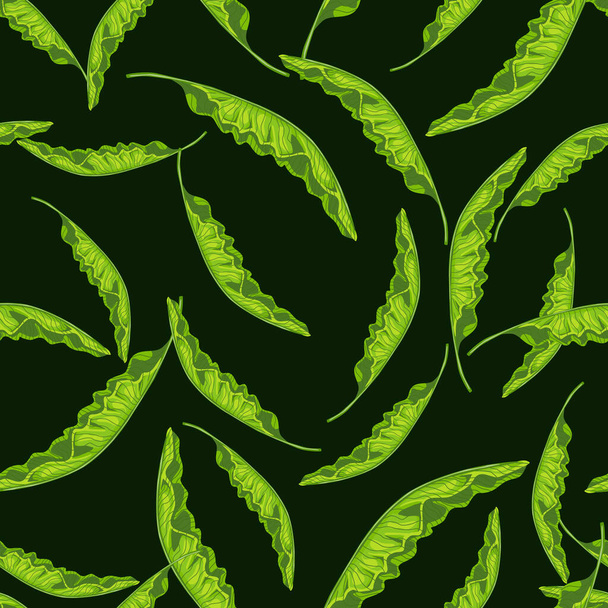 Bright green random palm foliage ornament silhouettes. Black background. Floral jungle hawaii print. Flat vector print for textile, fabric, giftwrap, wallpapers. Endless illustration. - Vektori, kuva