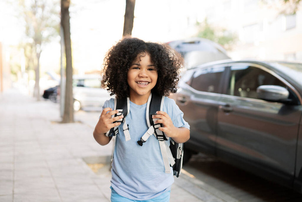 Afro handsome boy, with backpack, gets out of the car to go to school, back to school, preschool - Photo, Image