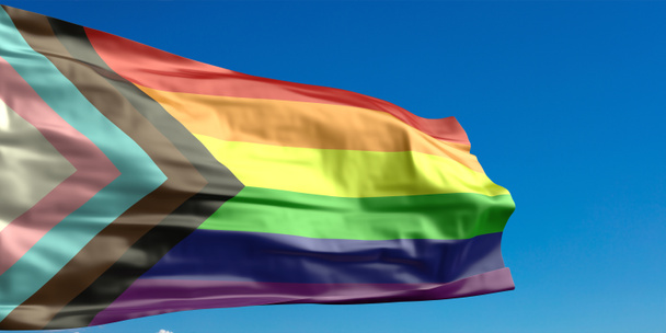 LGBT πρόοδος σημαία επανασχεδιασμός, Gay υπερηφάνεια ουράνιο τόξο νέα πινακίδα κυματίζει σε καθαρό μπλε φόντο του ουρανού, νέα χρώματα για μαύρο και καφέ ανθρώπους να συμπεριληφθούν. 3D εικονογράφηση - Φωτογραφία, εικόνα