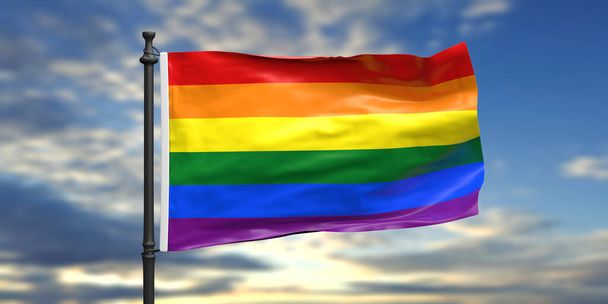 Rainbow LGBT flag, Gay pride sign symbol waving on pole, blue cloudy sky background, The colors reflect the diversity of the community and the spectrum of sexuality and gender. 3d illustration - Photo, Image