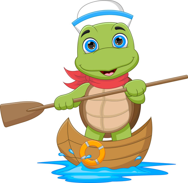 cartoon turtle sailing on the wooden boat - Vector, Image