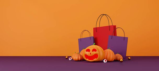 halloween sale banner design. halloween pumpkins and shopping bag on orange background for greeting card, banner, poster,blog, article, social media, marketing. 3D illustration - Foto, imagen