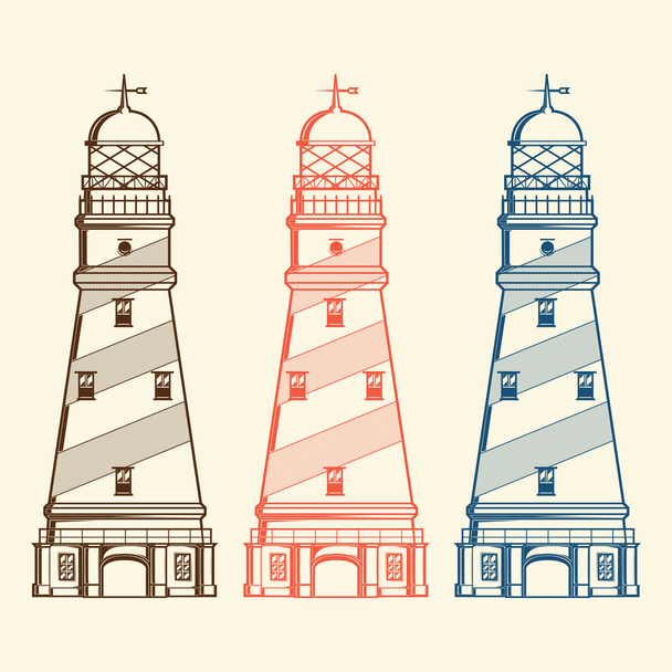 Ретро маяки встановлені ізольовані на білому тлі. Лінійне мистецтво. Сучасний дизайн. Векторні ілюстрації
 - Вектор, зображення