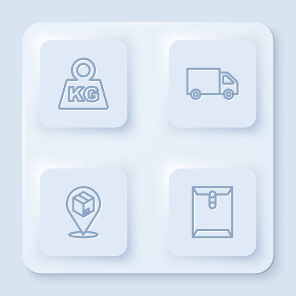 Set line Weight, Delivery cargo truck, Location with cardboard box and Envelope. White square button. Vector - Vektor, obrázek