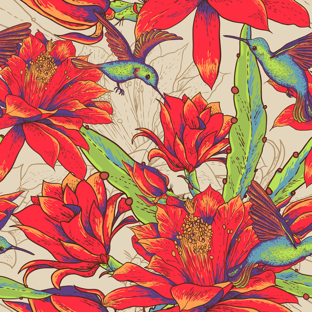 bezszwowe tło kwiaty i kolibry - Wektor, obraz