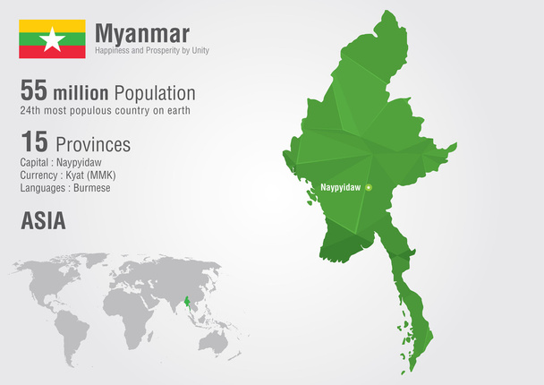 ピクセル ダイヤモンド テクスチャとミャンマーの世界地図。ミャンマー地図. - ベクター画像