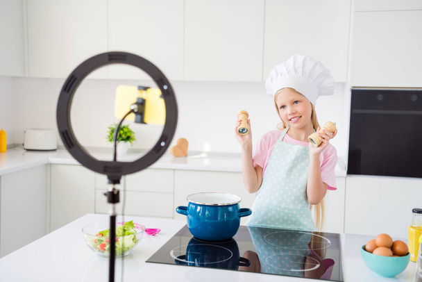 Photo of young preteen girl happy positive smile shoot cooking channel blogger spices meal healthy food home - Photo, image