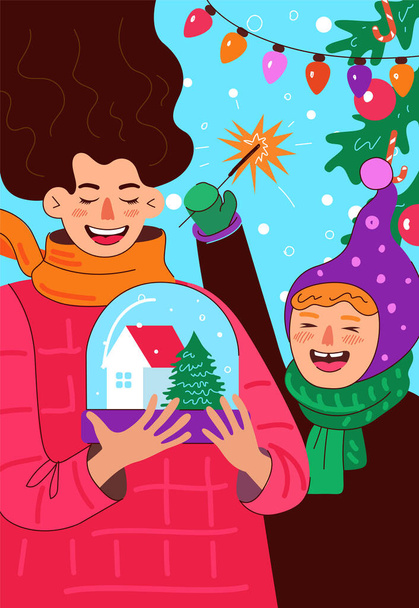 Bonne maman et sa fille ou son fils célèbre le Nouvel An et Joyeux Noël. Un parent rieur tient une boule à neige avec une maison et une épicéa et une main joyeuse d'enfant scintillante. Affiche vacances famille hiver - Vecteur, image