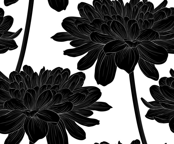 Монохромный, черно-белый безмордый фон с цветками далии со стеблем
. - Вектор,изображение
