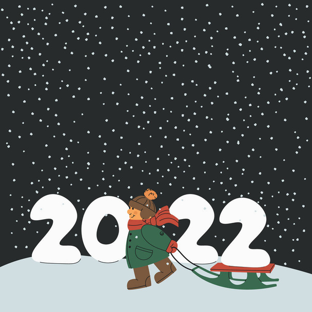 Bambino felice porta l'anno 2022 sulla slitta. Ragazzino in abiti invernali, cappello e sciarpa. Ragazzo sul paesaggio invernale con neve. Illustrazione vettoriale del fumetto per lo spazio copia del whith di progettazione. - Vettoriali, immagini