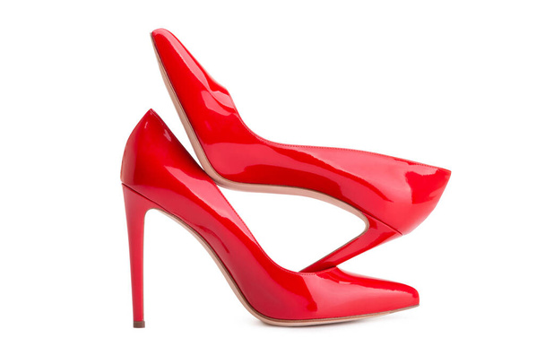 Red high-heeled shoes. High heel. Women's shoe park. - Zdjęcie, obraz