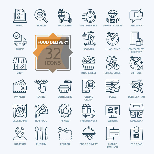 Food delivery - thin line web icon set. Contains such Icons as contactless delivery, lunch time, food basket and more. Outline icons collection. Simple vector illustration. - Vector, Image