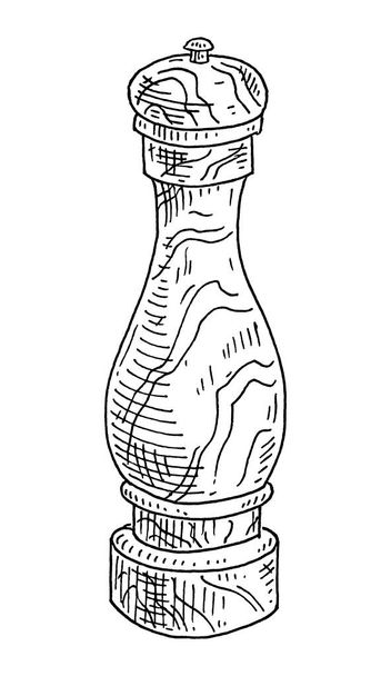 Wood pepper mill. Vintage vector hatching black engrave illustration. Isolated on white background. Hand drawn design - ベクター画像