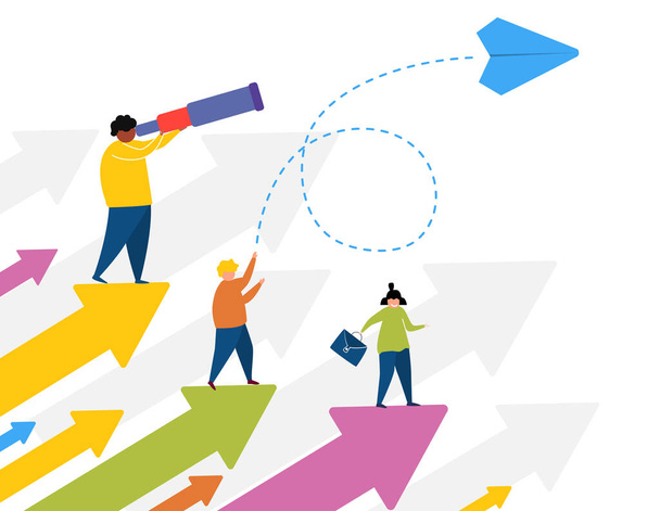 Successful people and his team standing at arrows and looking with the telescope for new business opportunities. New business, start up Business concept illustration - Vector, Image