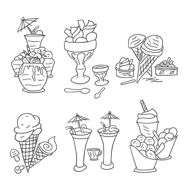 Много видов мороженого в черно-белом Рисование Летние каникулы раскраски страницы для детей Вектор - Вектор,изображение