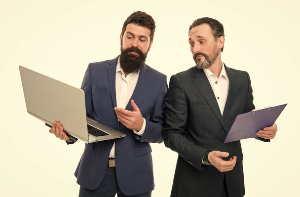 Software for accounting. Business meeting. Man bearded manager show financial report laptop. Business plan. Business director or boss surfing internet. Discussing progress. Colleagues work together - Foto, imagen