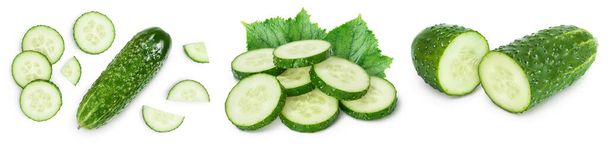 Sliced cucumber isolated on white background. Set or collection - Photo, Image
