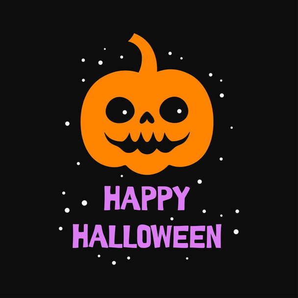 card of cute pumpkin with lettering happy halloween, scary pumpkin icon with smile isolated on dark background, vector illustration - Wektor, obraz