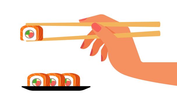 Hand with chopsticks. Sushi roll with fish. Bamboo chopsticks.  Female hand. Vector isolated template. White background - Вектор, зображення