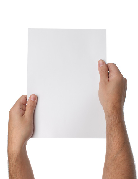 Mani maschili con carta bianca isolata su sfondo bianco - Foto, immagini
