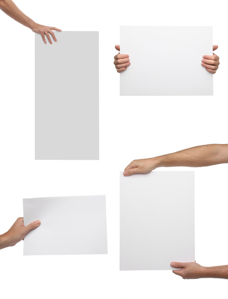 Коллекция держащей в руках пустую бумагу, изолированную на белом
 - Фото, изображение